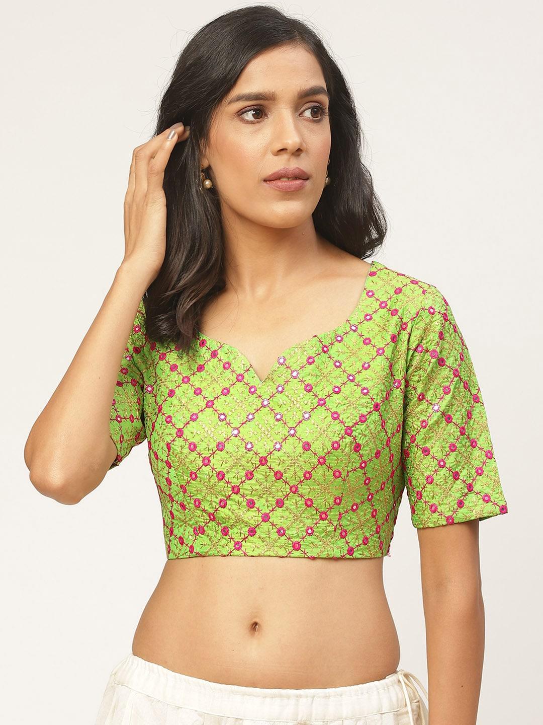 shaily-women-green-&-pink-embroidered-mirror-work-saree-blouse