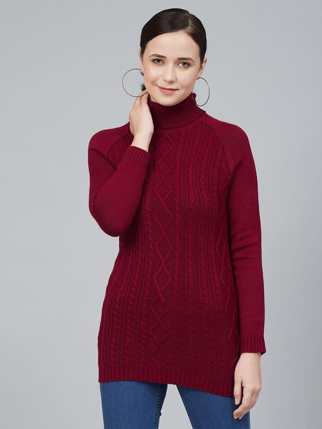 Cayman Women Maroon Self Design Longline Pullover Acrylic Sweater
