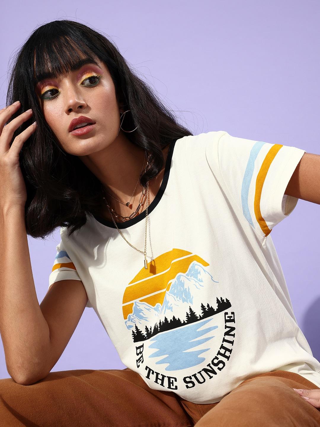 Moda Rapido Women Beautiful Off-White Graphic Joyful Conversation T-Shirt
