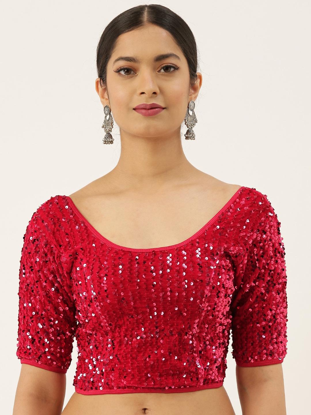 VASTRANAND Women Red Solid Stretchable Sequence Saree Blouse