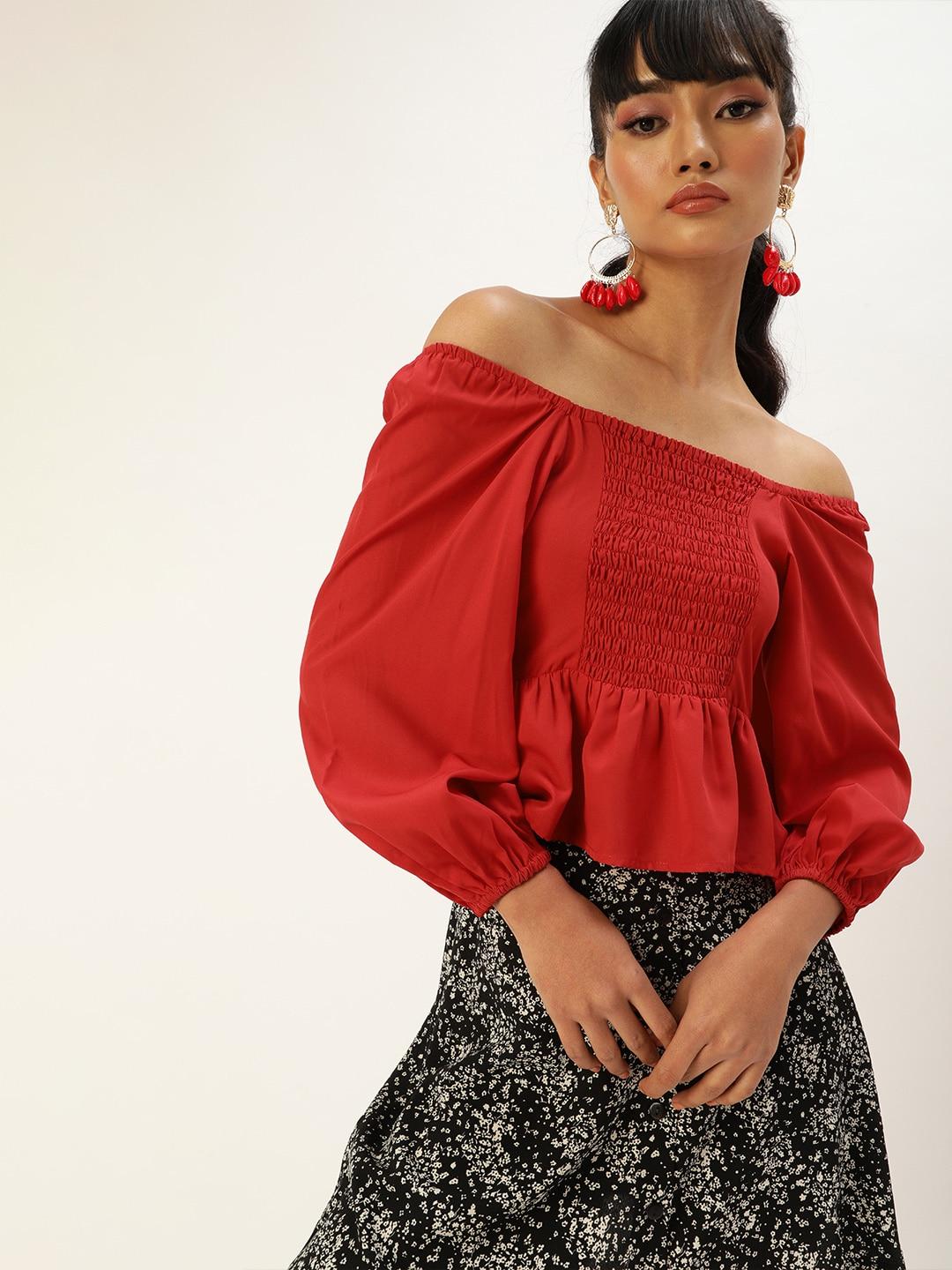style-quotient-blazing-red-solid-smocked-crop-top