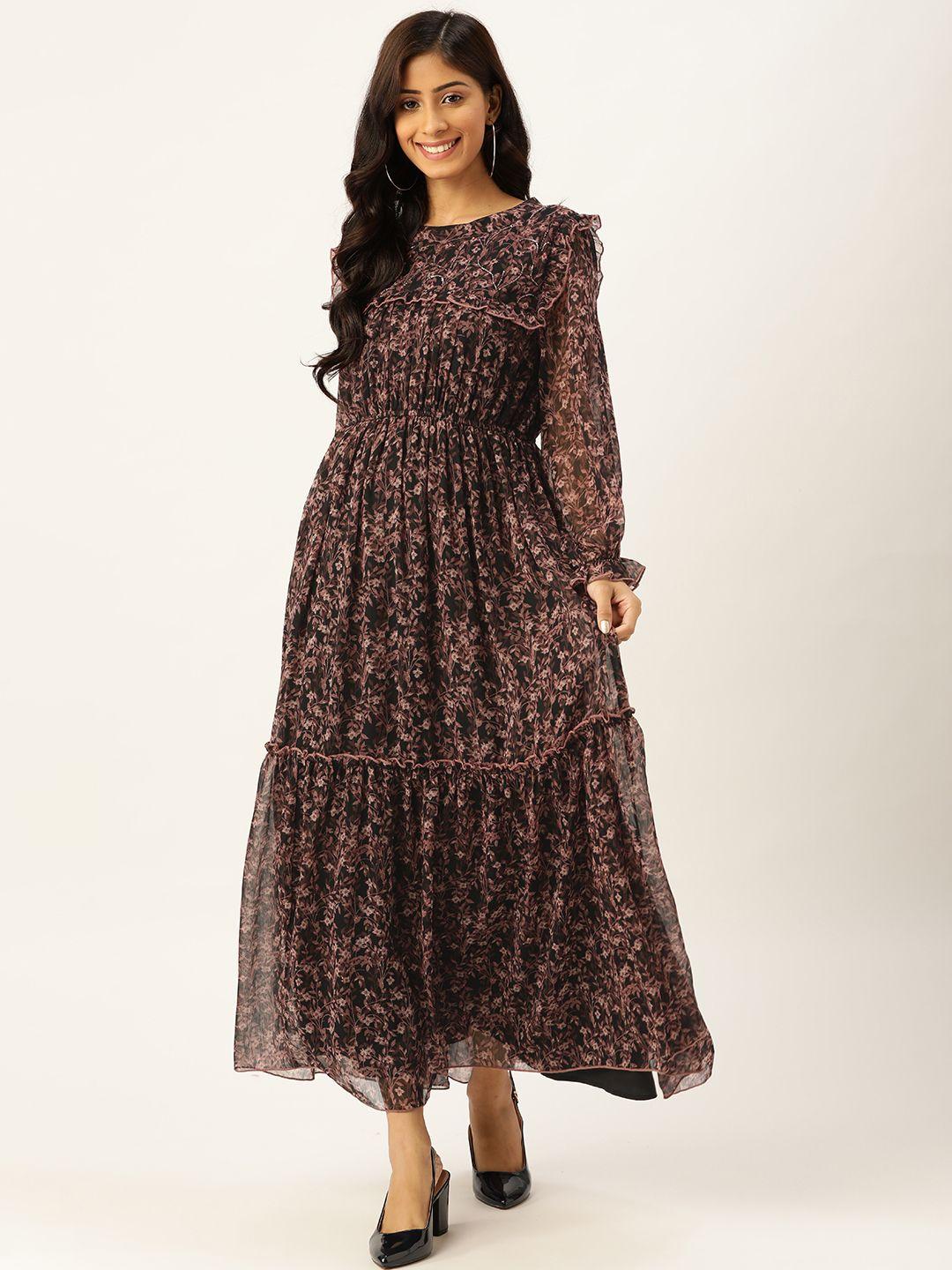 Antheaa Women Black & Mauve Floral Print Maxi Dress