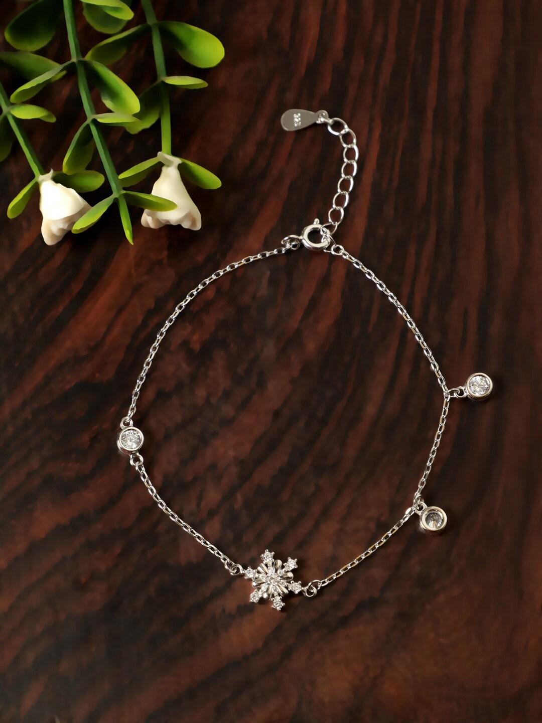 GIVA 925 Sterling Silver Rhodium-Plated Silver-Toned & White Stone-Studded Anklet