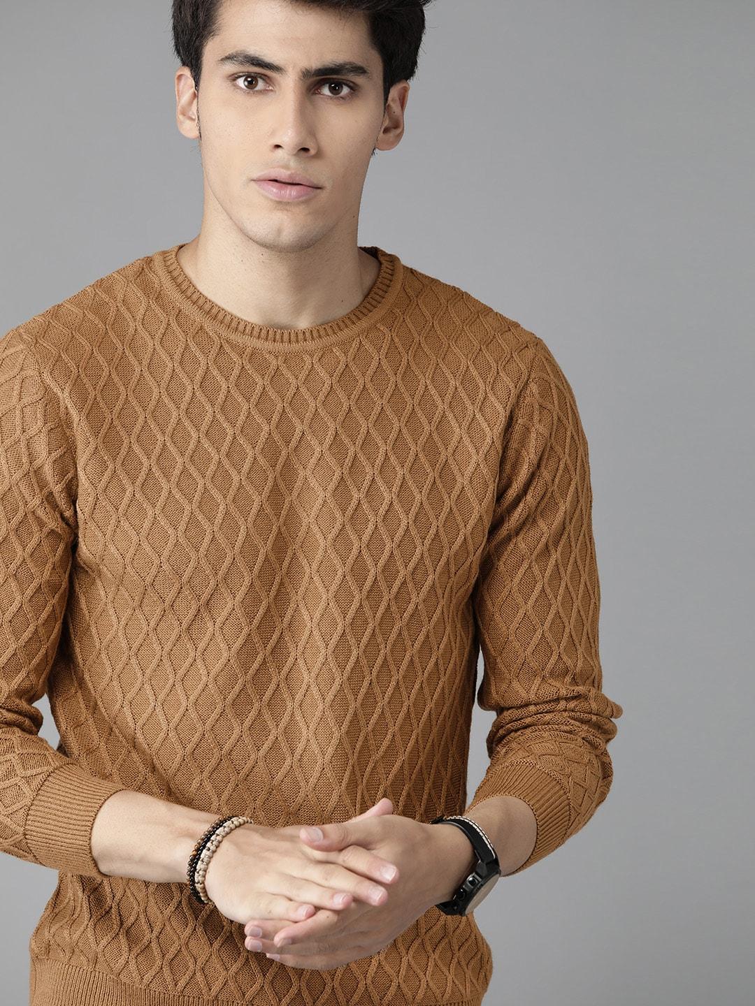 roadster-men-brown-self-designed-pullover-sweater