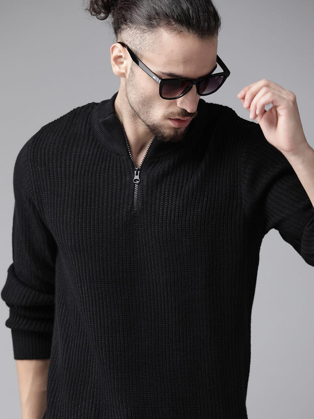 Roadster Men Black Self Design Mock Collar Pullover