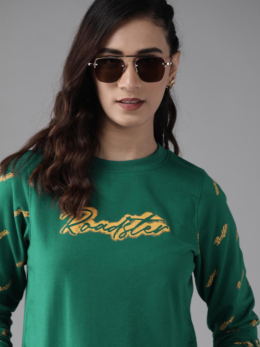 Roadster Women Green & Yellow Brand Logo Print Sweatshirt
