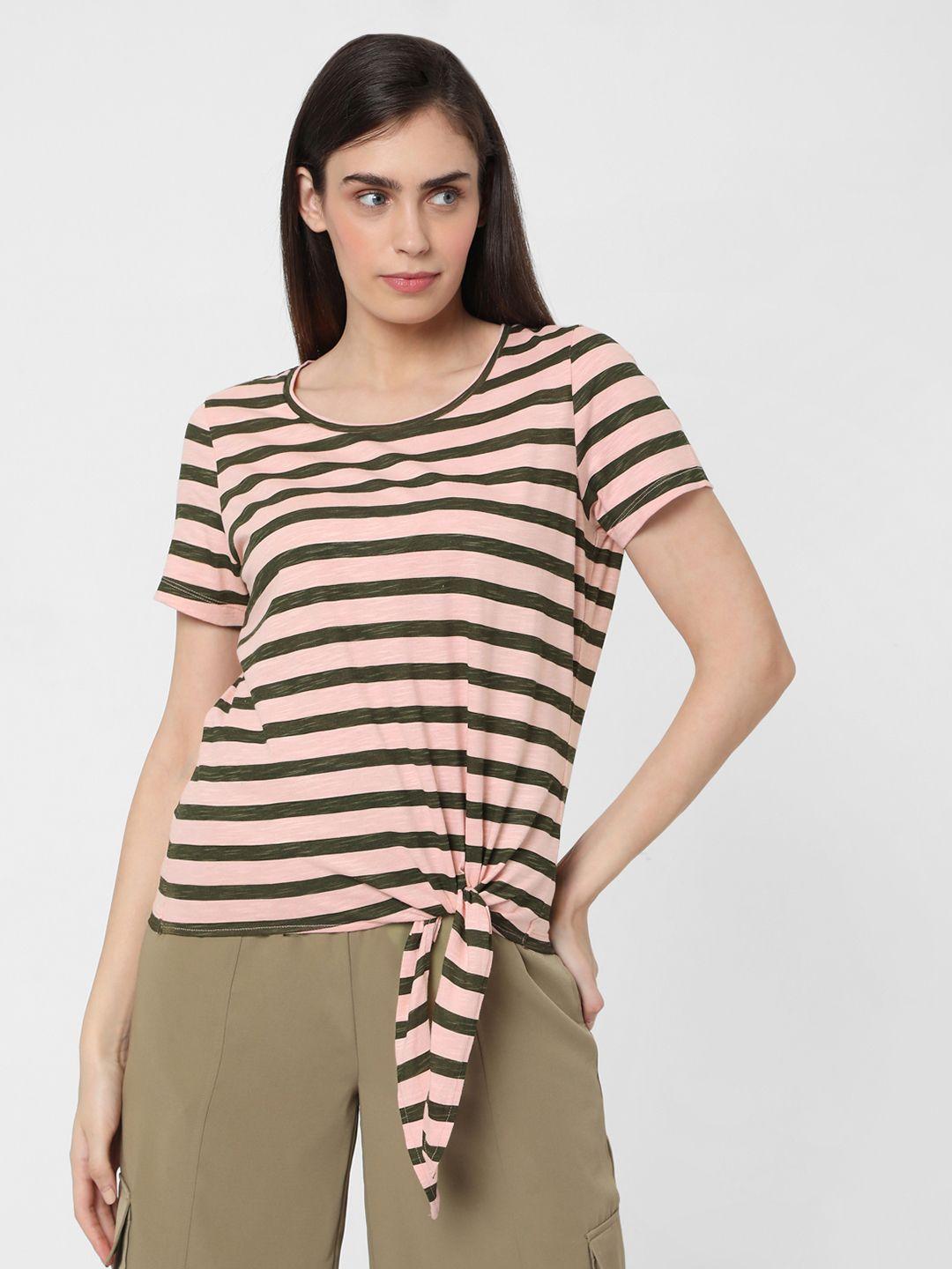 Vero Moda Women Green  Pink Striped Pure Cotton T-shirt
