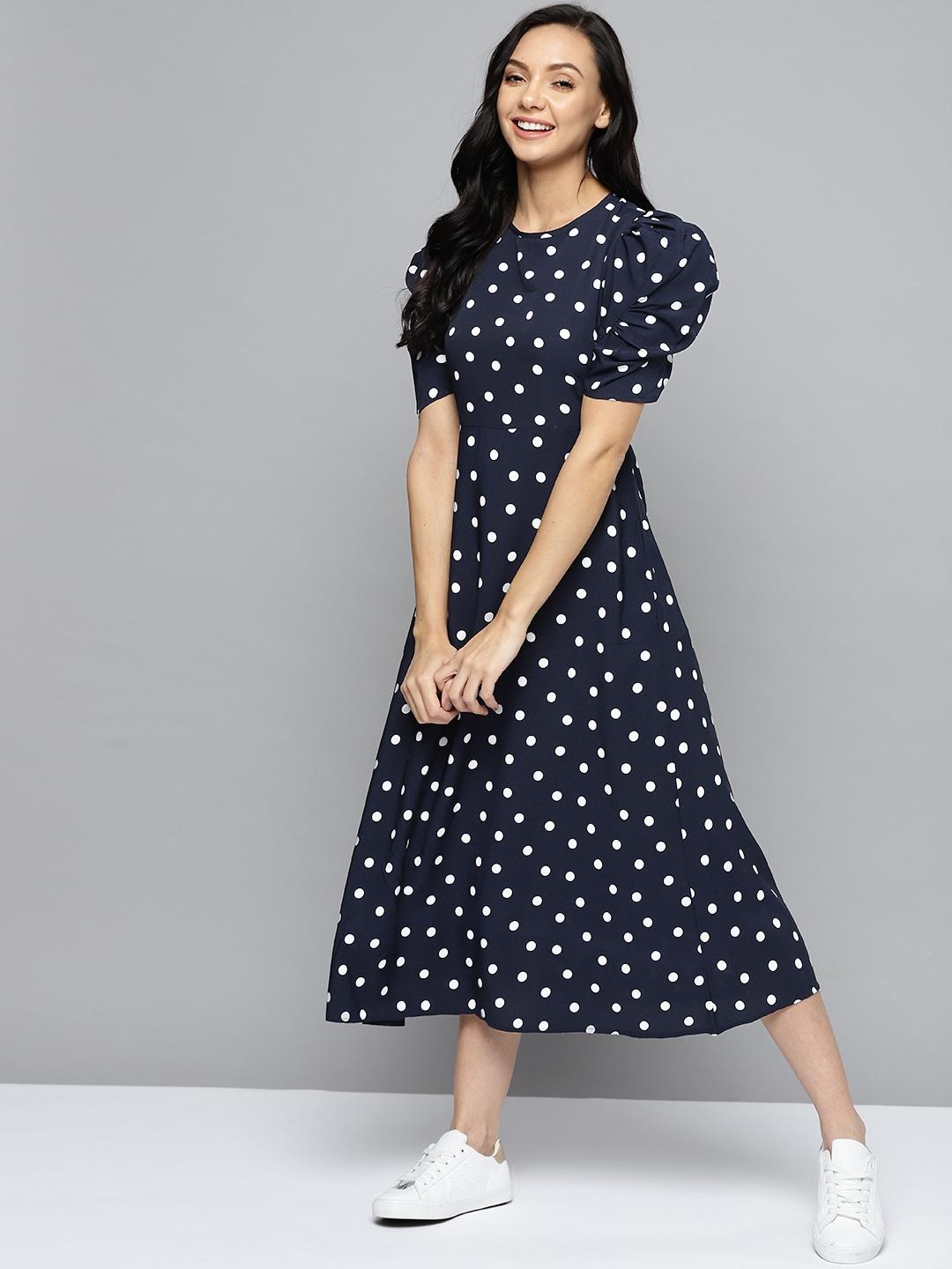 Mast & Harbour Navy Blue & White Polka Dots Printed Midi Fit & Flare Dress