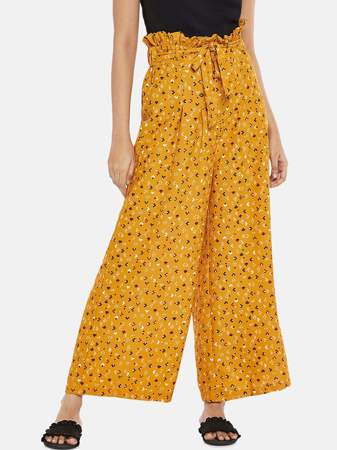 People Women Mustard Yellow Printed High-Rise Trousers