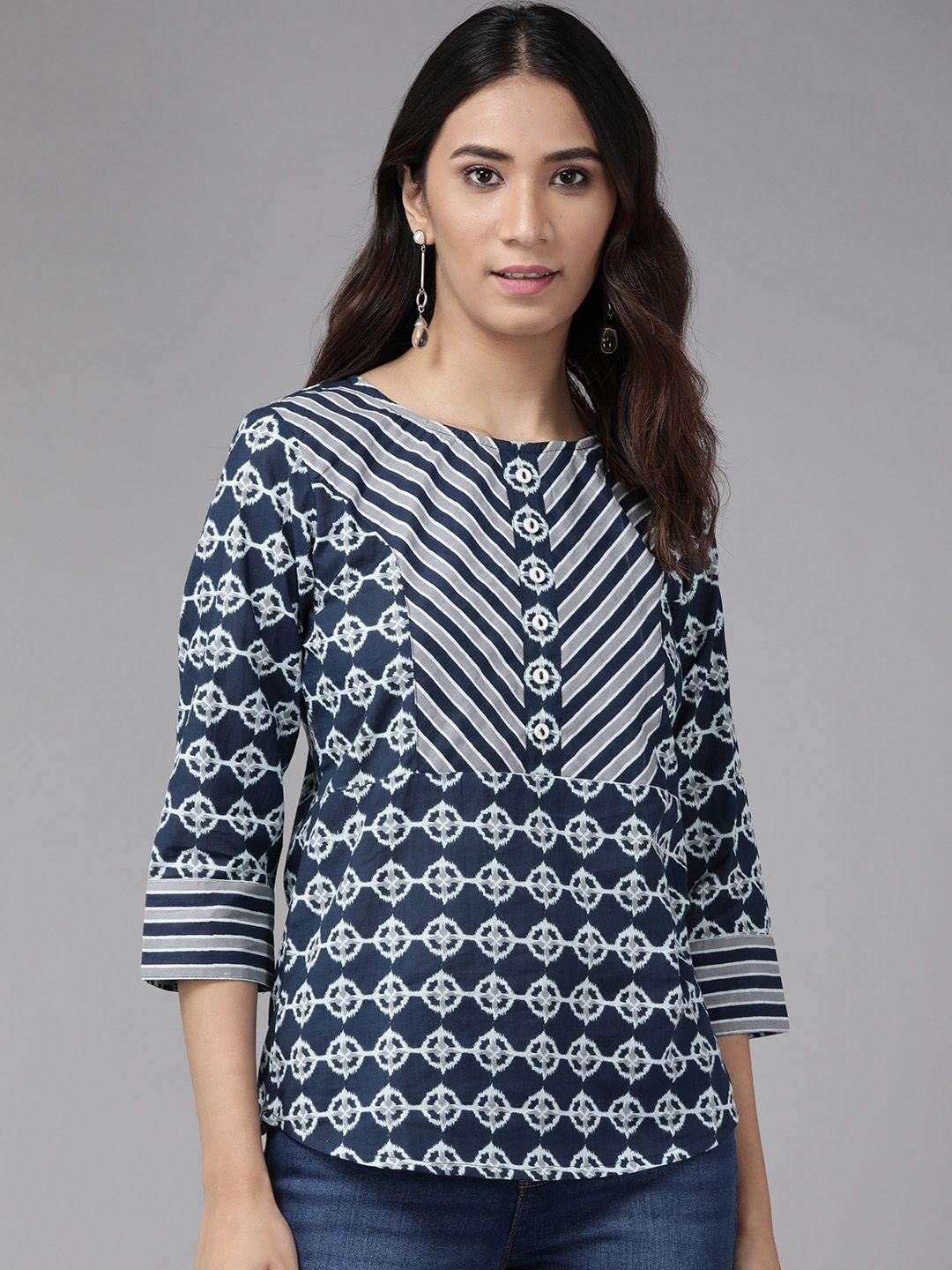 YASH GALLERY Navy Blue & White Printed Top