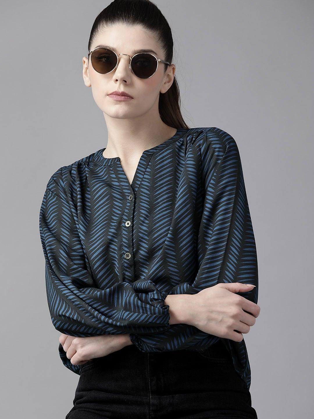 Roadster Women Black & Navy Blue Striped Sustainable Shirt