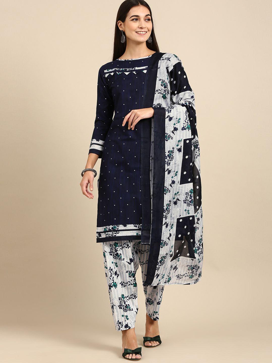 Rajnandini Navy Blue & White Printed Unstitched Dress Material