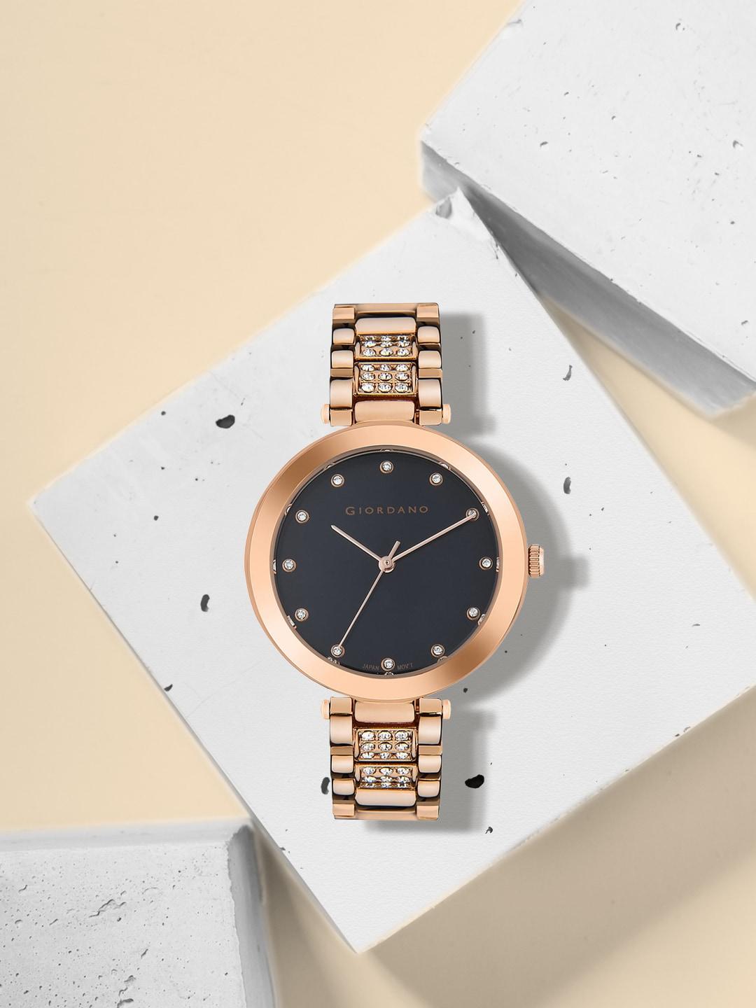GIORDANO Women Black Embellished Dial & Rose Gold Toned Stainless Steel Bracelet Style Straps Analogue Watch