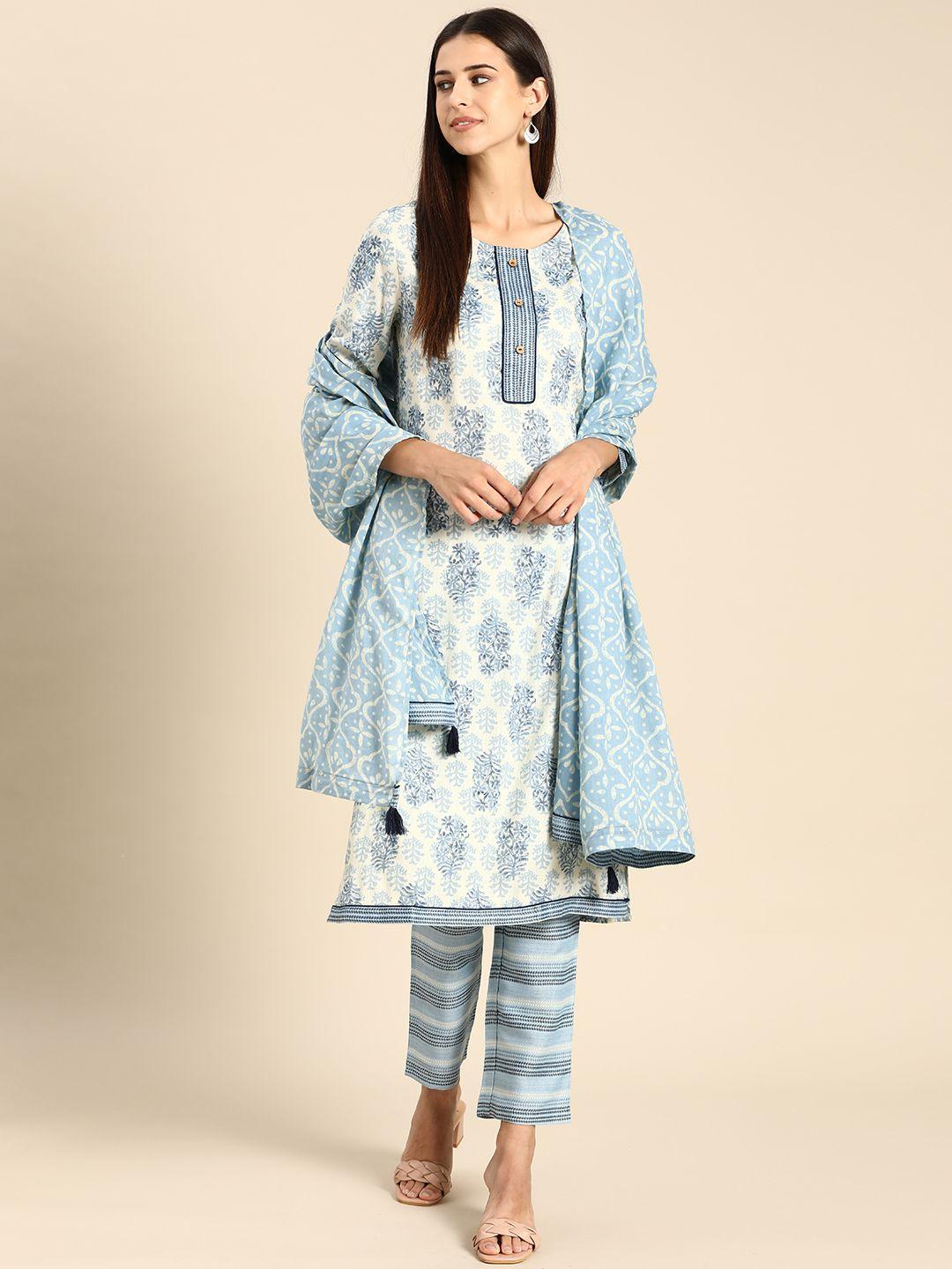 anouk-women-off-white-&-blue-foil-printed-regular-kurta-with-palazzos-&-dupatta
