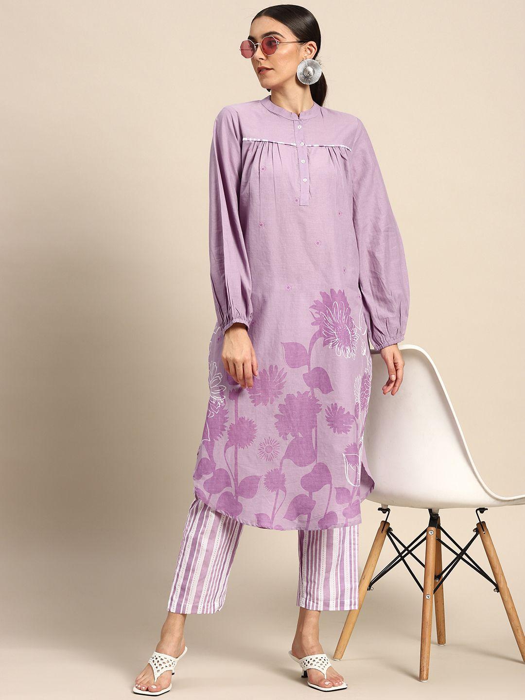 anouk-women-lavender-floral-printed-pure-cotton-kurta-with-trousers