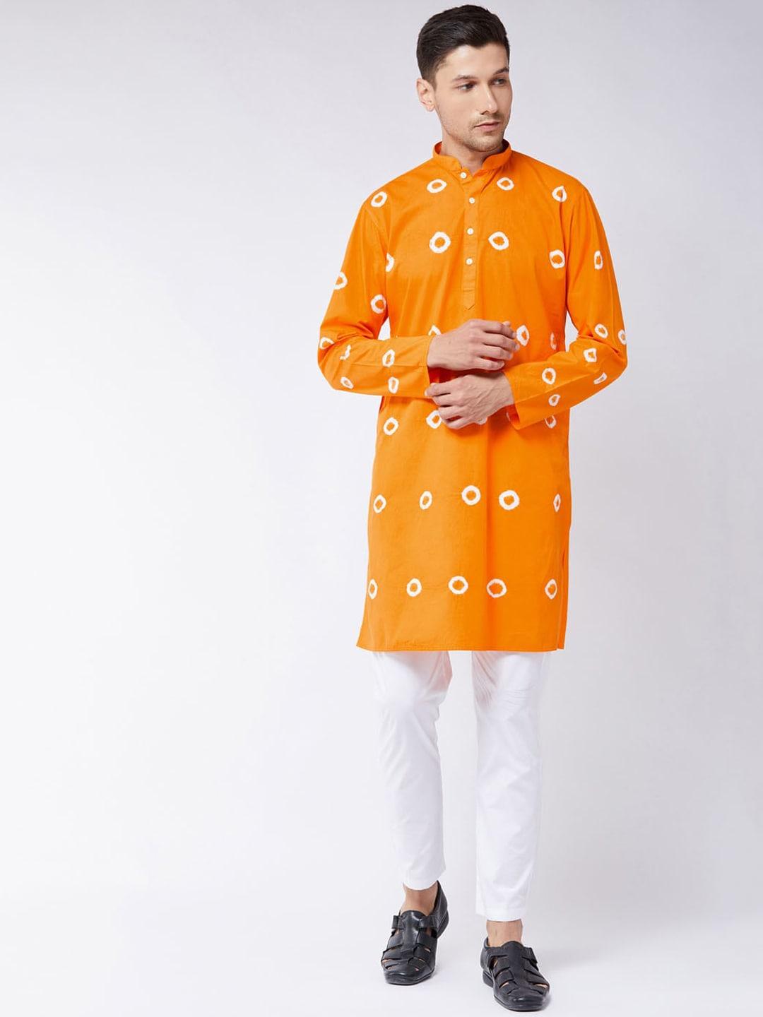 vastramay-men-orange-&-white-bandhani-printed-kurta-with-pyjamas
