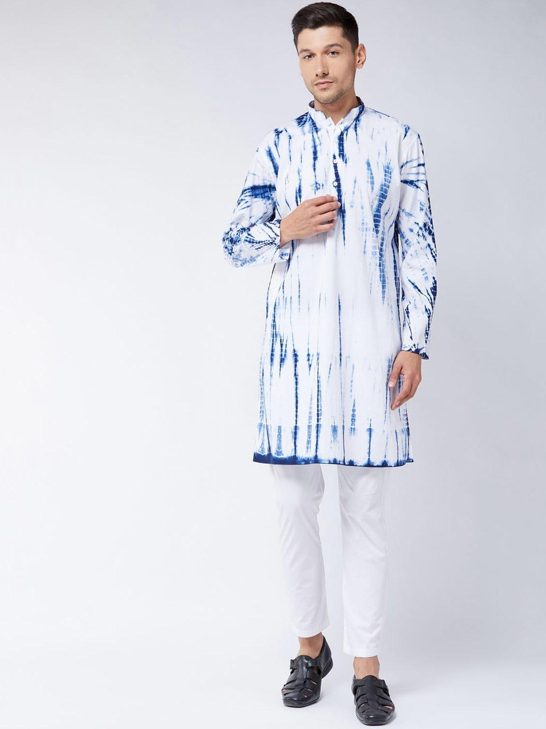 VASTRAMAY Men Blue & White Tie & Dye Printed Kurta with Pyjamas