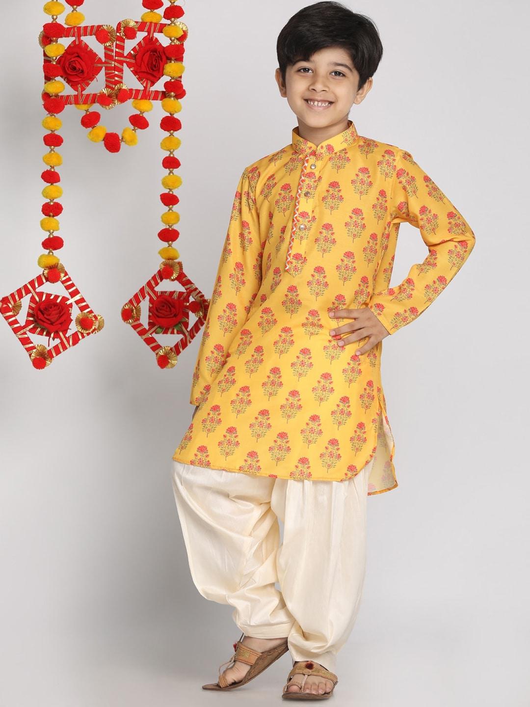 vastramay-boys-yellow-floral-printed-regular-gotta-patti-kurta-with-dhoti-pants