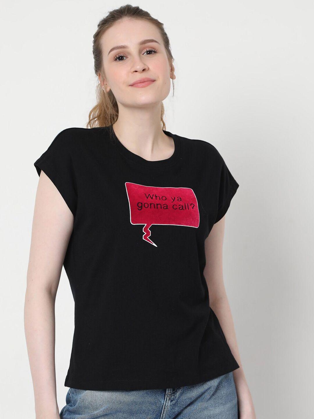 Vero Moda Women Black Printed Extended Sleeves Applique T-shirt