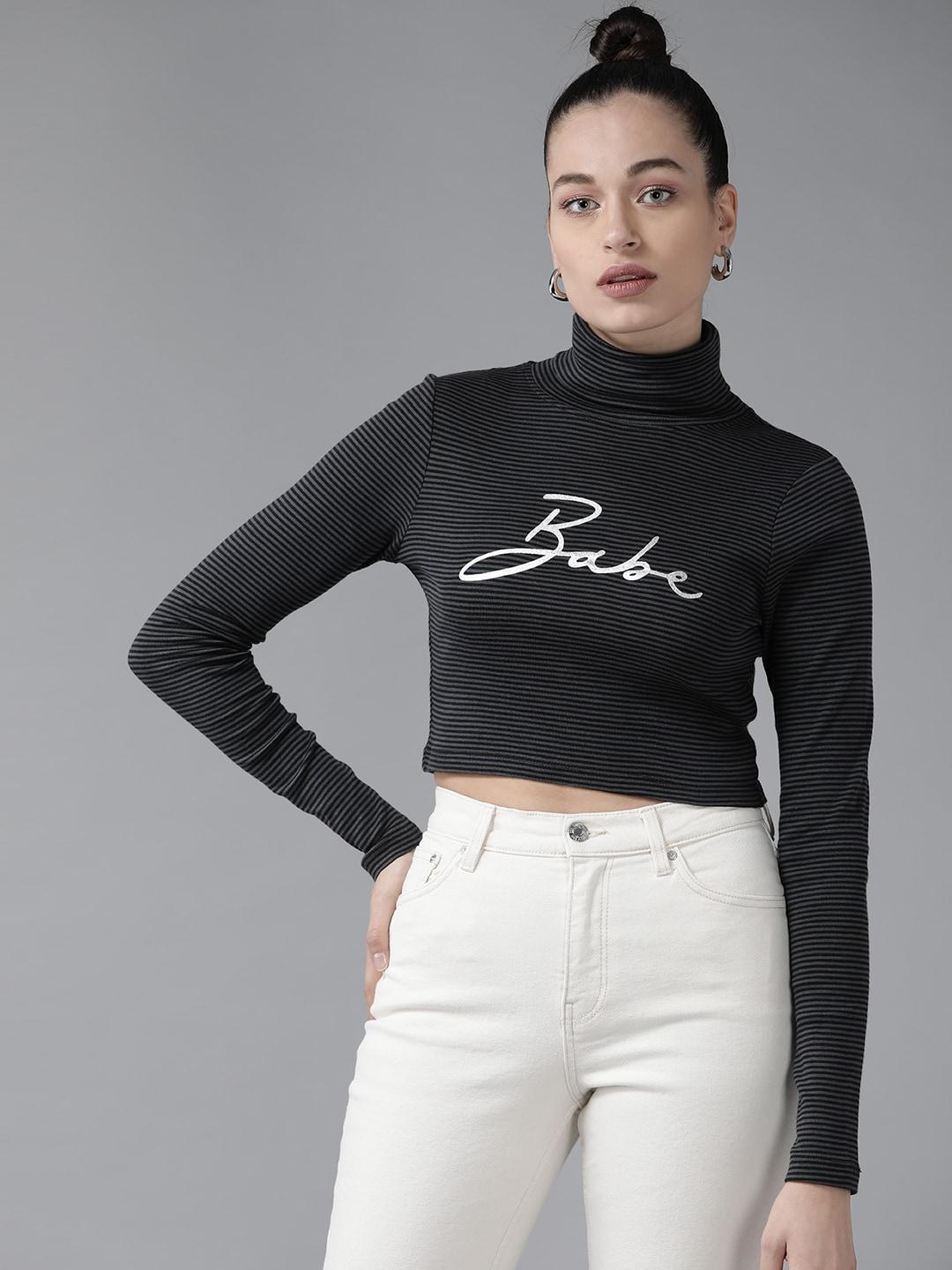 kassually-women-black-&-charcoal-grey-high-neck-pure-cotton-crop-top