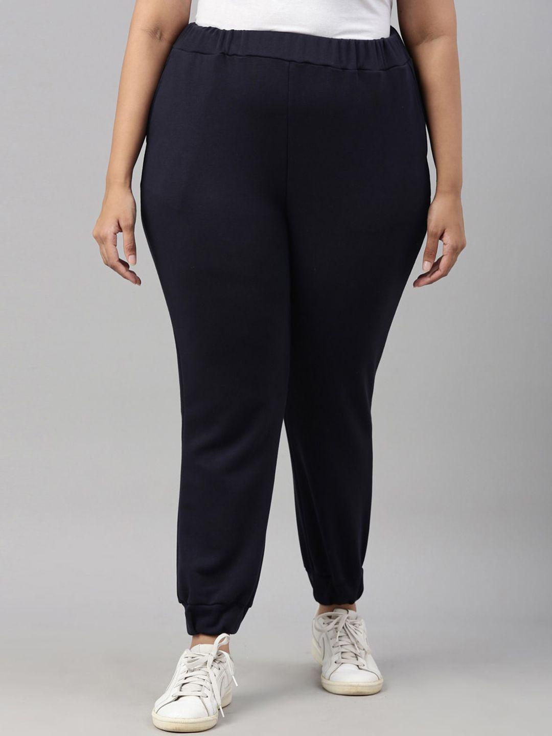 The Pink Moon Women Plus Size Navy Blue Solid Straight-Fit Pure Cotton Joggers