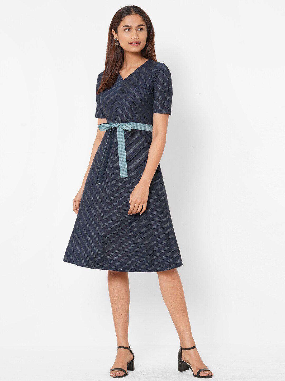 kami-kubi-woman-navy-blue-striped-cotton-woven-dress-with-belt