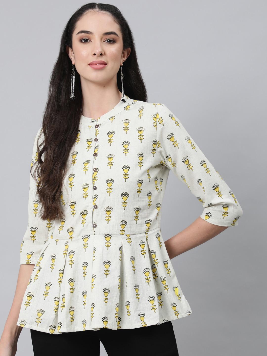 Anubhutee Off White & Yellow Mandarin Collar Printed Cotton Tunic