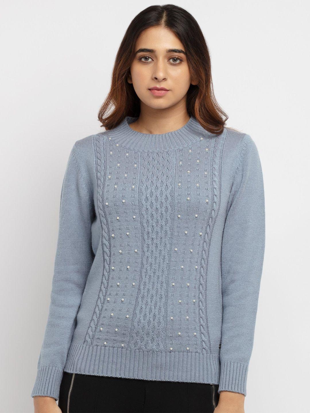 status-quo-women-grey-&-white-embroidered-pullover