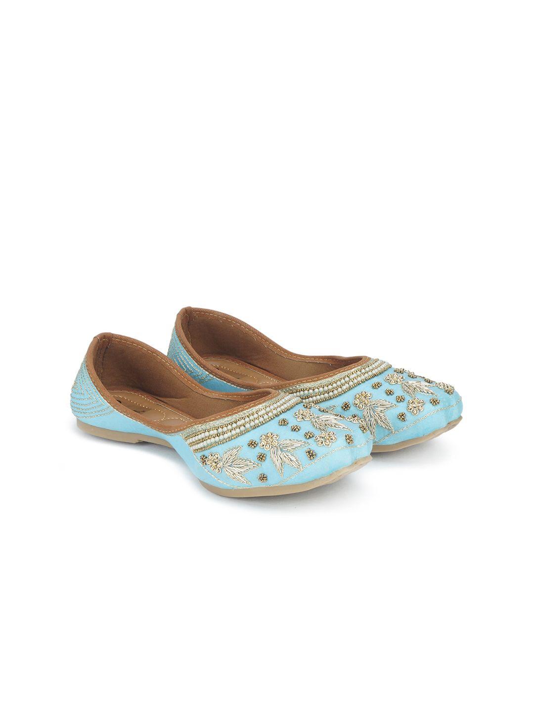 The Desi Dulhan Women Blue Embellished Leather Party Mojaris Flats