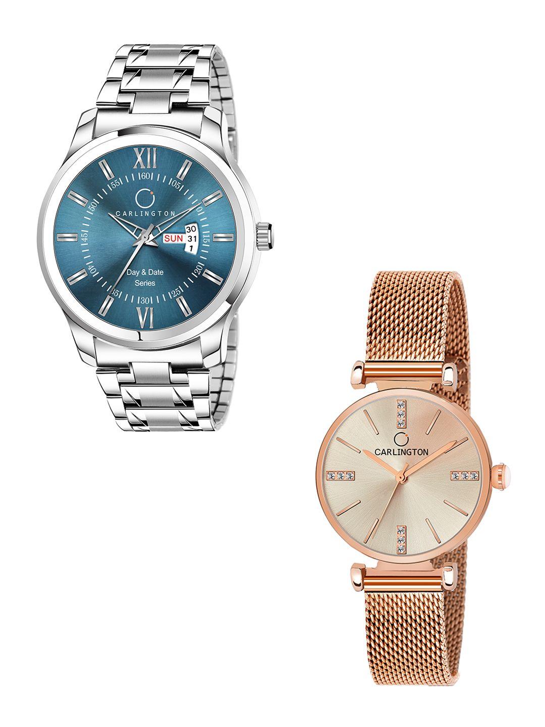 carlington-stainless-steel-bracelet-style-couple-analogue-watches-combo-g01-pastel-ct2011