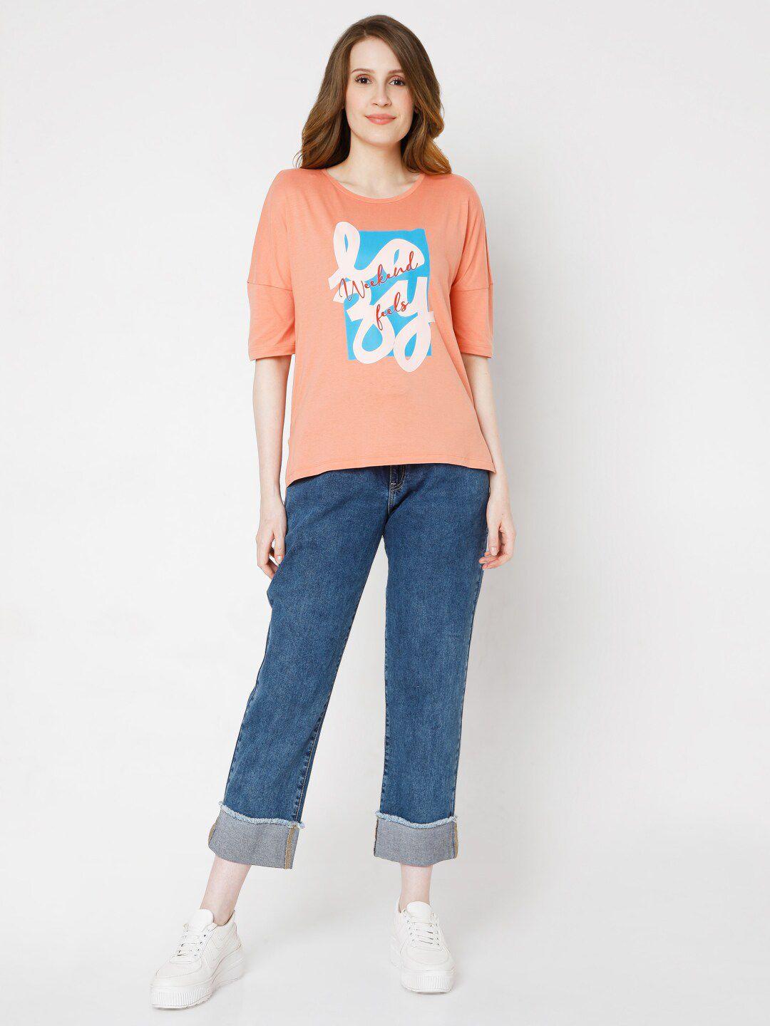 Vero Moda Women Orange Typography Printed T-shirt