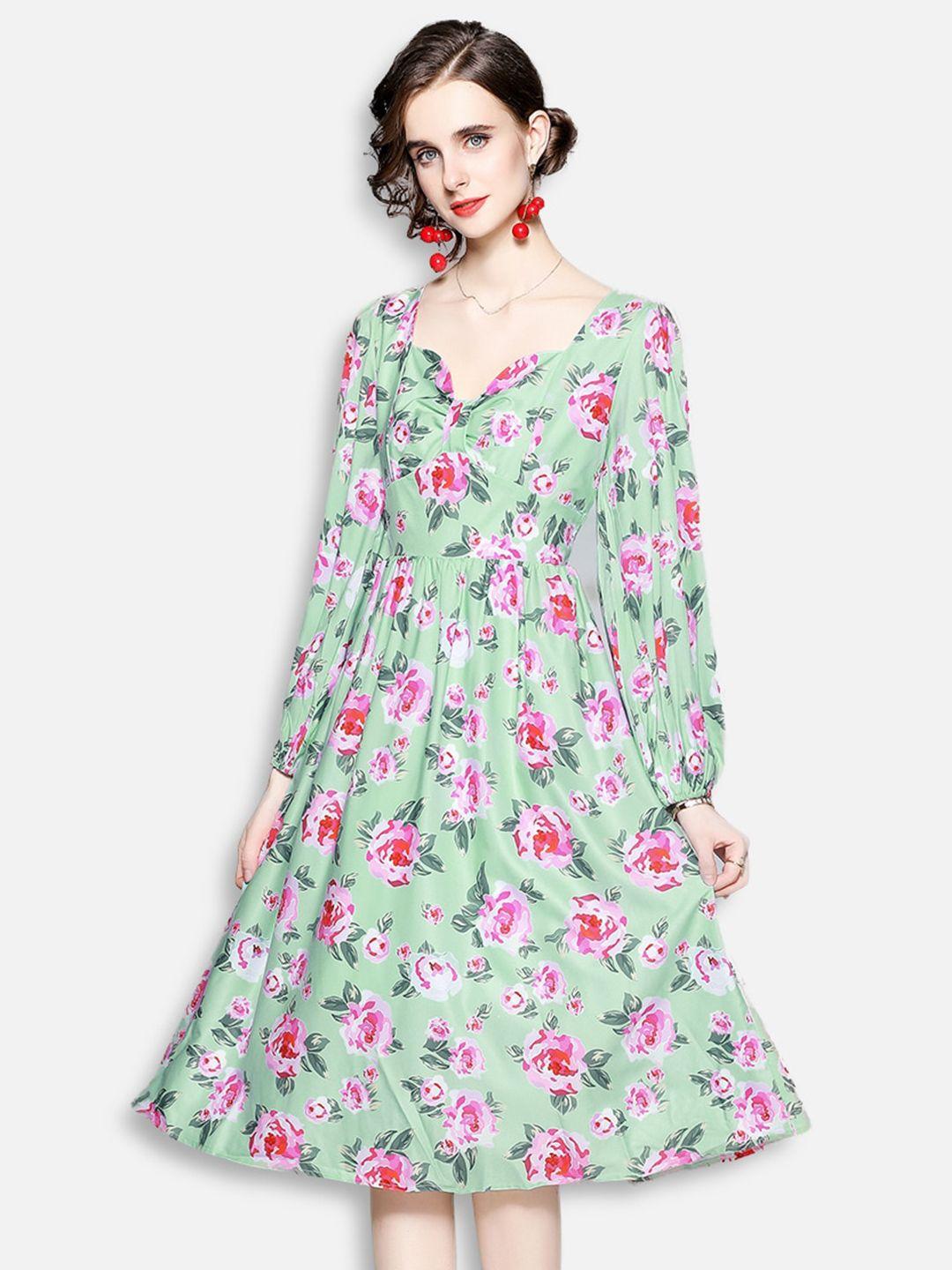 jc-collection-green-floral-a-line-midi-dress