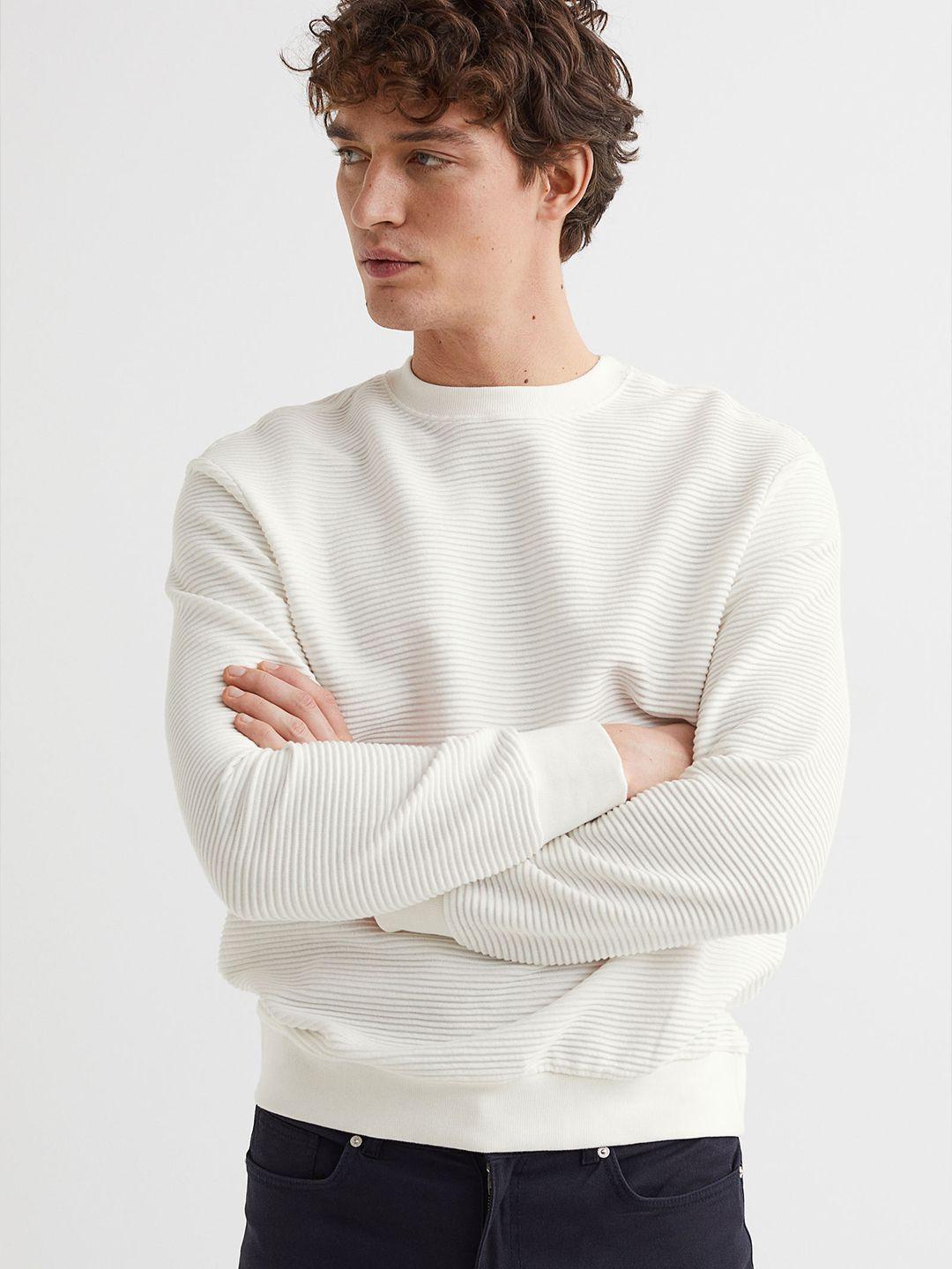 H&M Men White Regular Fit Ribbed Sweatshirt