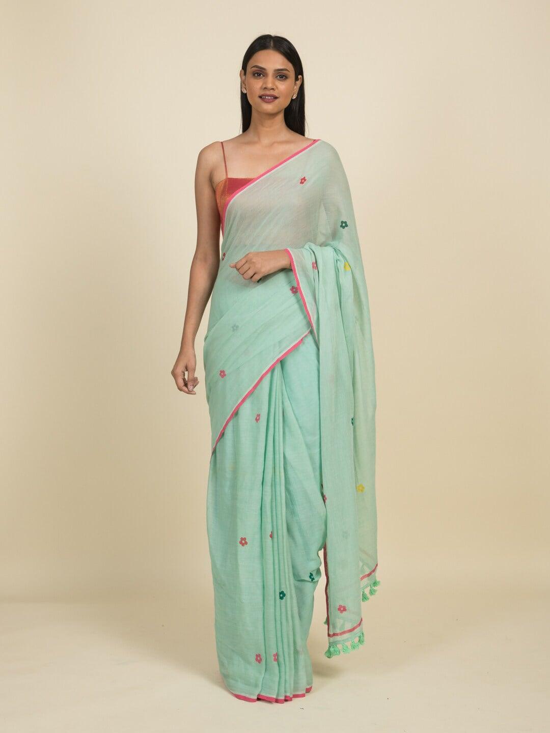 suta-sea-green-&-magenta-floral-block-printed-pure-cotton-saree