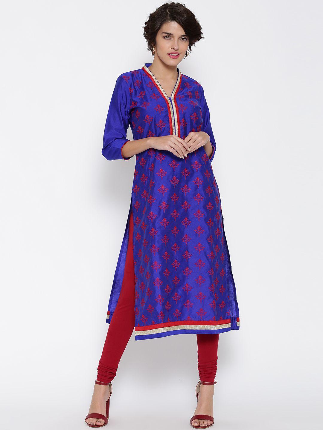 jashn-women-blue-&-red-embroidered-straight-kurta