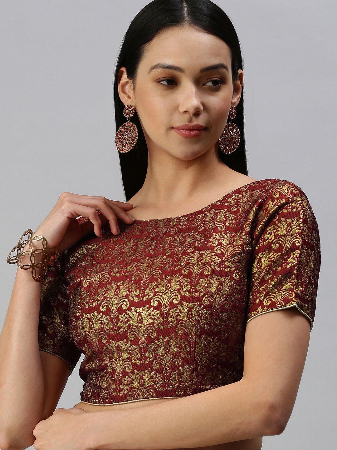 flaher Women Maroon & Golden Ethnic Motifs Woven Design Art Silk Padded Blouse
