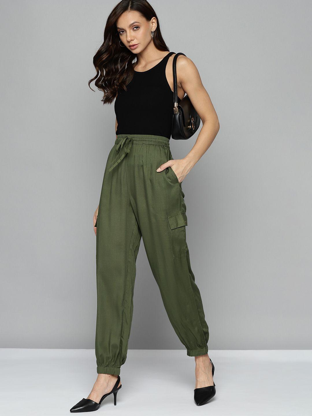 Chemistry Women Olive Green Solid High-Rise Pleated Cargos Trousers