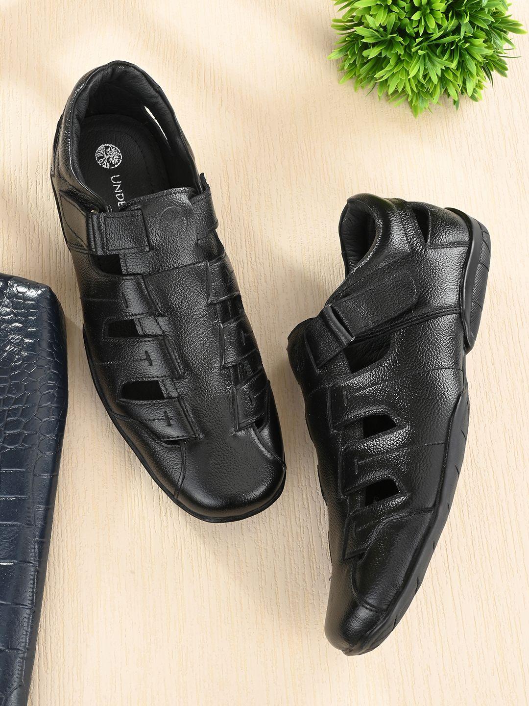 UNDERROUTE Men Black Leather Fisherman Sandals