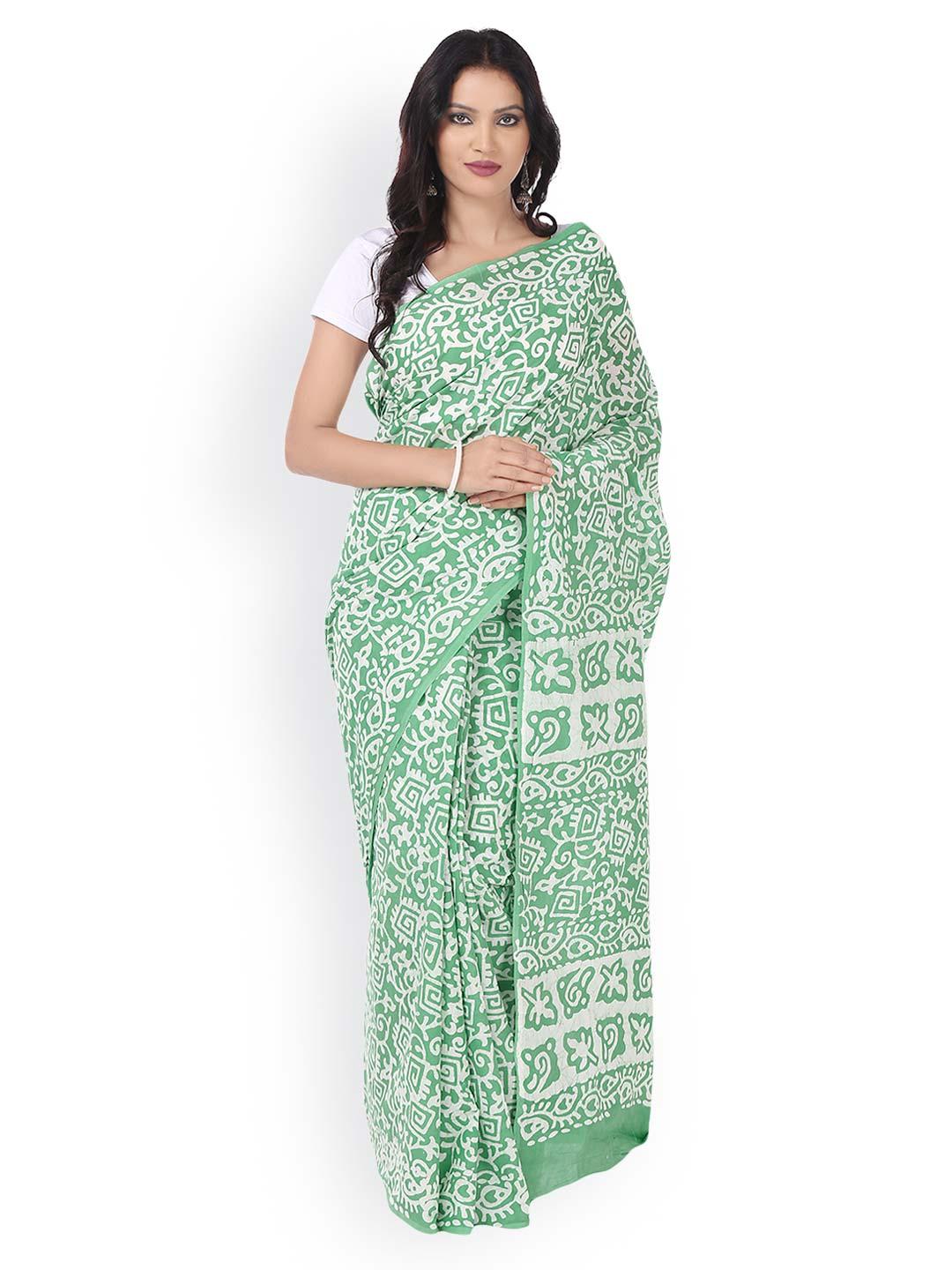 Kalakari India Green & White Batik Hand Block Print Handcrafted Cotton Sustainable Saree