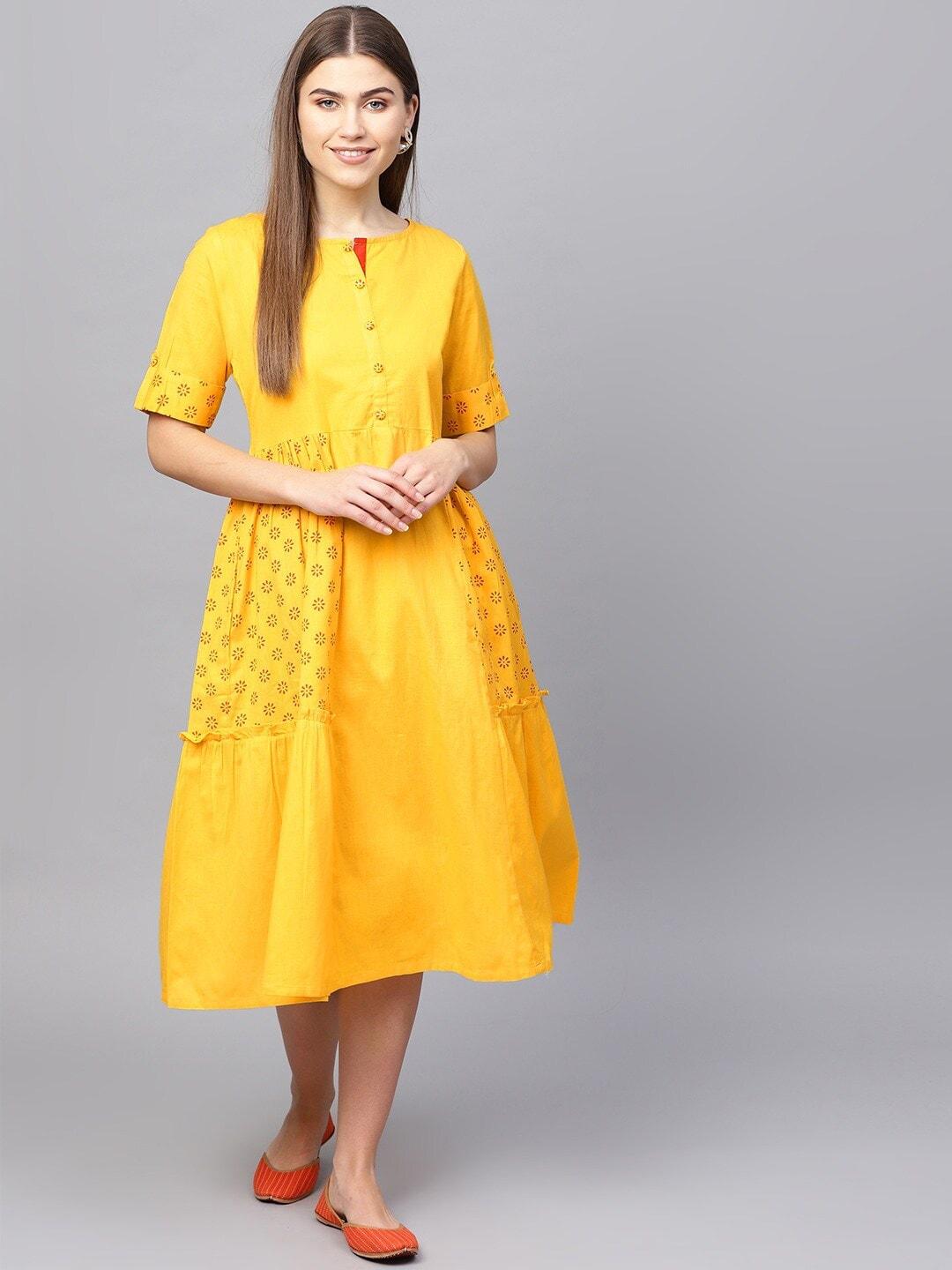 tulsattva-mustard-yellow-ethnic-motifs-ethnic-a-line-cotton-midi-dress