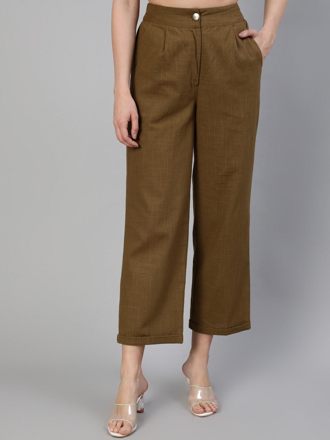 jaipur-kurti-women-olive-green-straight-fit-high-rise-pleated-culottes-trousers
