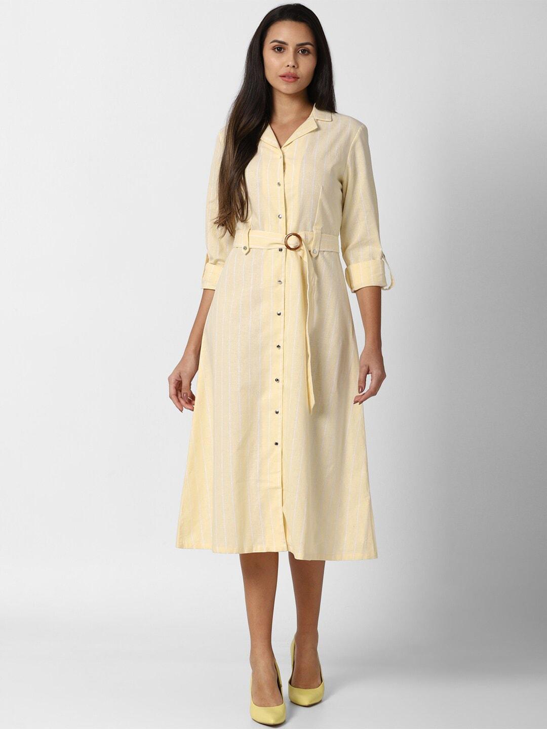 Van Heusen Woman Yellow & White Striped Shirt Midi Dress