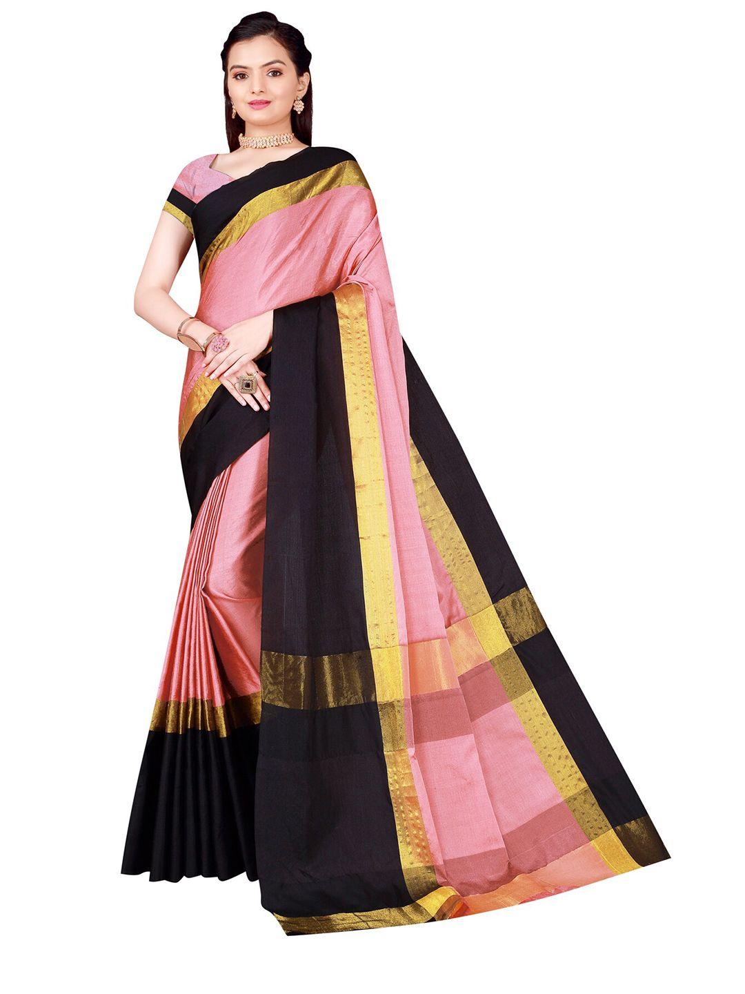 SAADHVI Peach-Coloured & Black Zari Silk Cotton Saree
