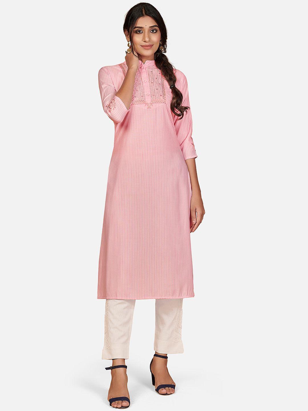 kalini-women-pink-striped-keyhole-neck-flared-sleeves-thread-work-kurta