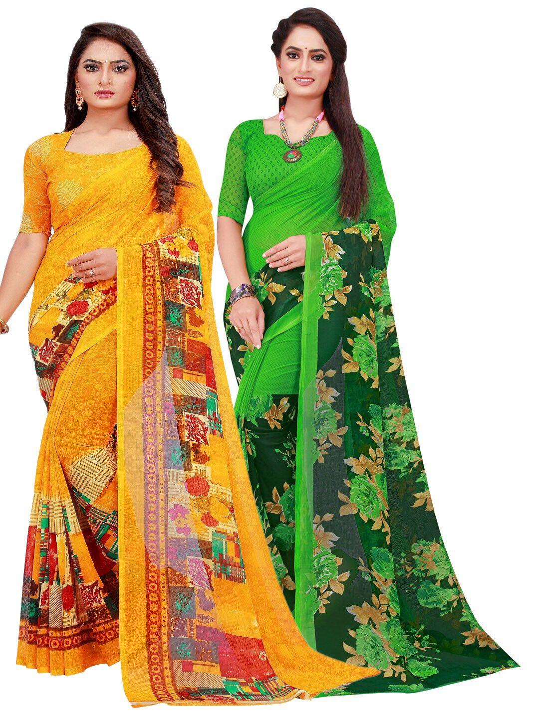 SAADHVI Pack of 2 Green & Yellow Floral Pure Georgette Saree