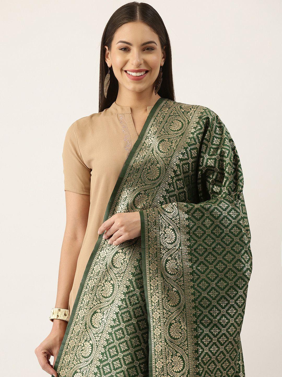 Silk Land Green & Gold-Toned Ethnic Motifs Woven Design Pure Banarasi Silk Dupatta
