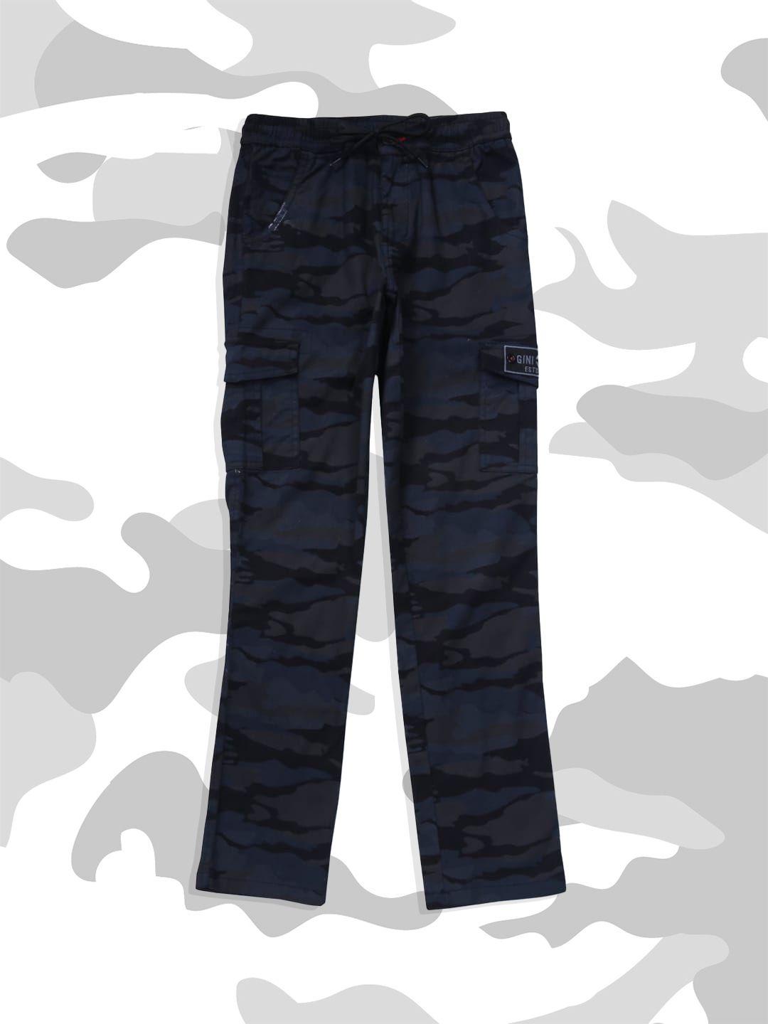 Gini and Jony Boys Blue Camouflage Printed Cargos Trousers