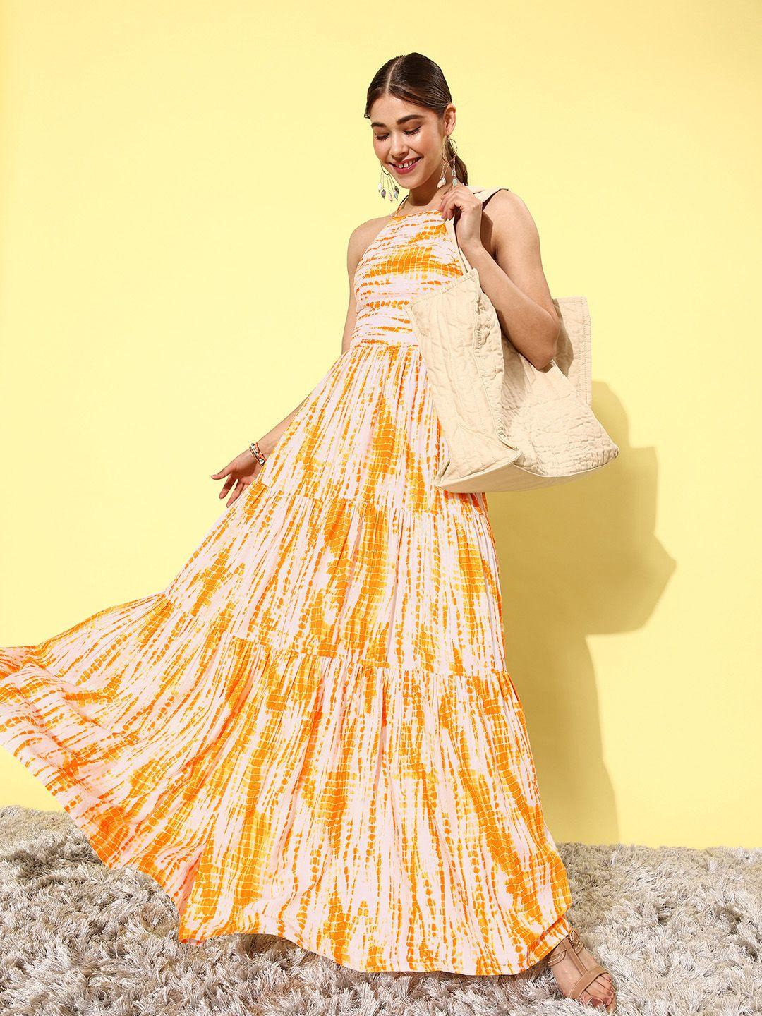 QUIERO Women Yellow & White Shibori Dyed Maxi Dress