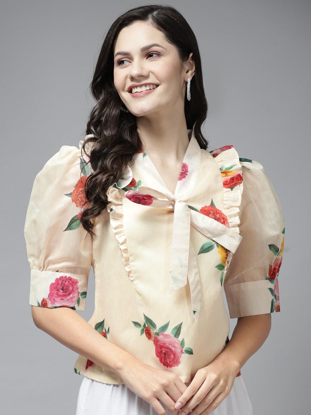 bhama-couture-beige-floral-print-tie-up-neck-ruffles-top