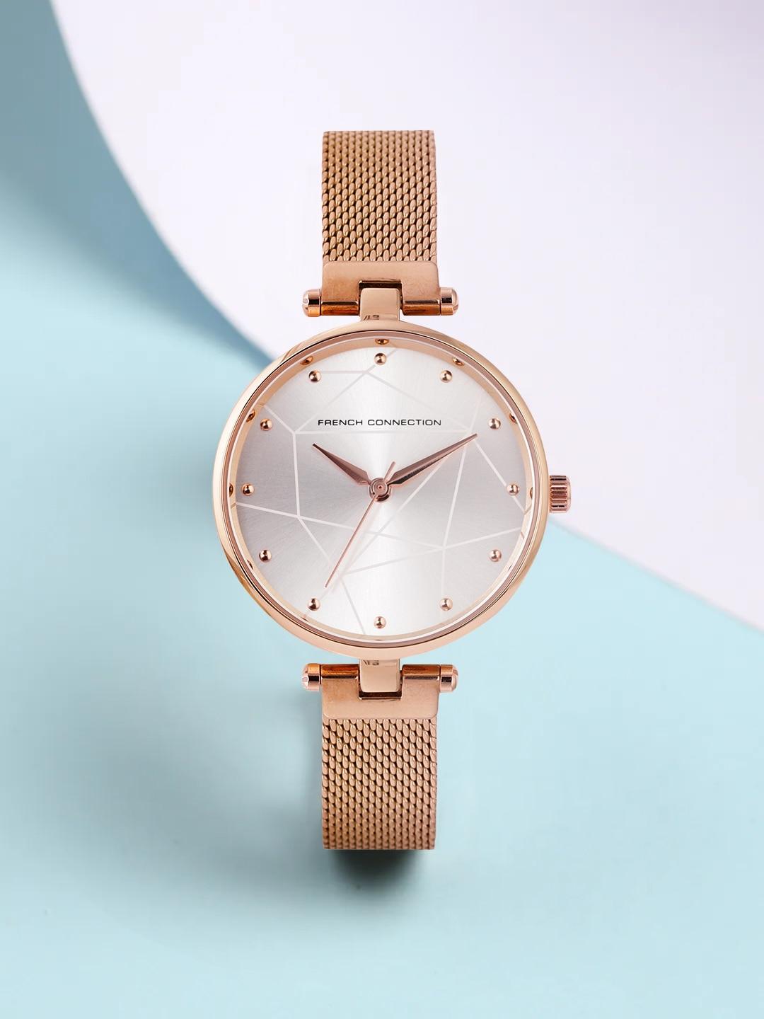 French Connection Women White Dial & Rose Gold Toned Stainless Steel Bracelet Style Straps Analogue Watch